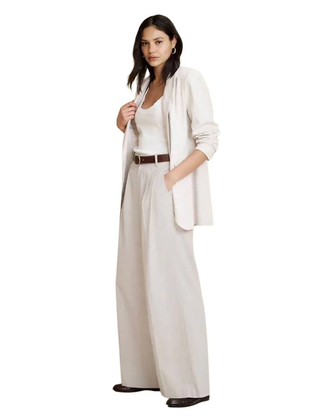 Banana Republic Wide Leg Linen Blend Pleated Trousers Cream Beige Size 14/34
